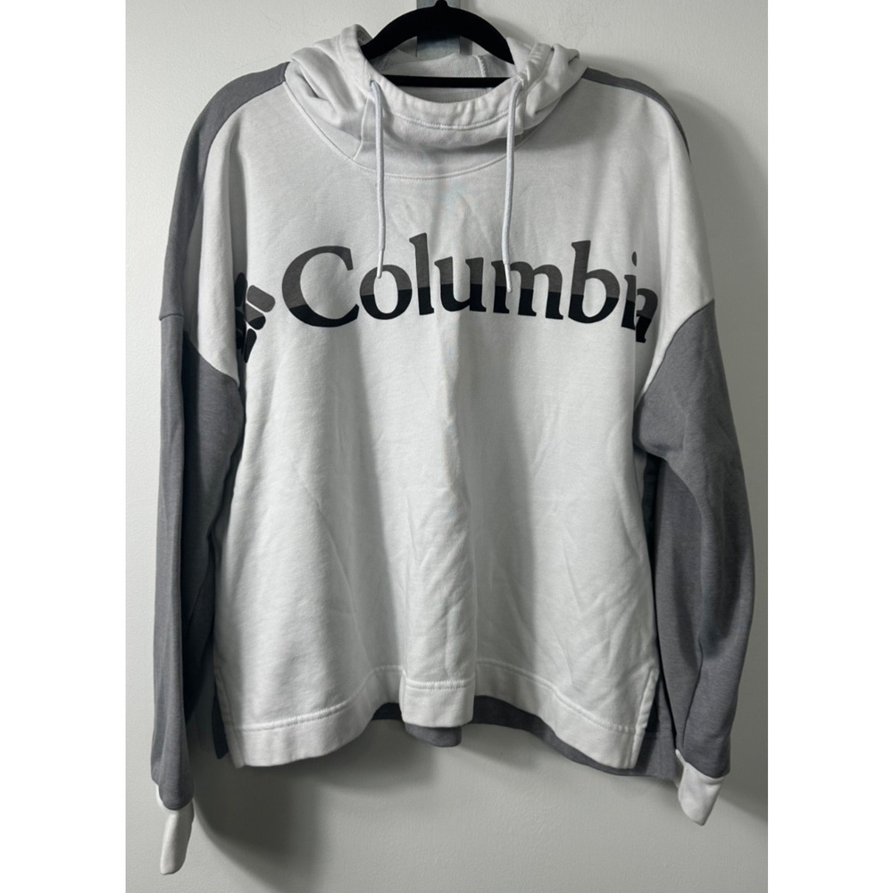 Columbia Women’s Lodge Hoodie Sweatshirt Size L White Gray Boxy Fit D51
